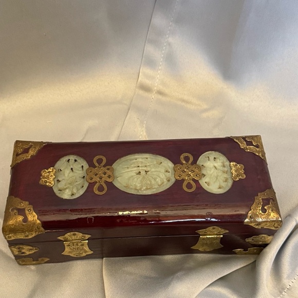 Vintage Chinese Jewelry Box Rosewood With Brass and Design red Silk Interior - Picture 1 of 12